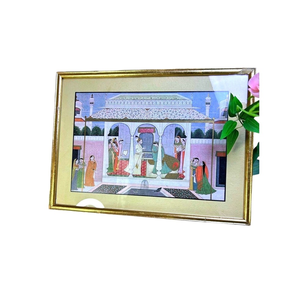 Vintage Framed Indian Nala and Damayanti Mahabharata Print Palace Scene Wall Art